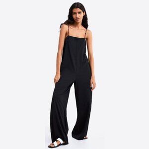 Zara Wide Leg Black Jumpsuit with Silver Beaded Straps | Size Small